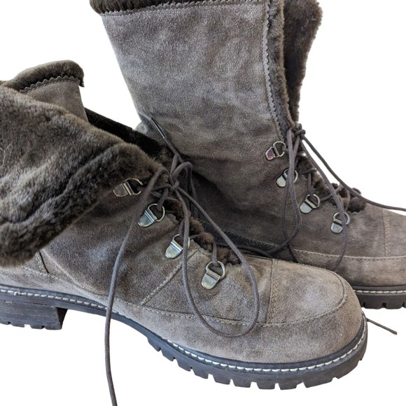 STUART WEITZMAN Boots Womens Size 10 Brown Luge Faux Fur Lace Up Suede Combat - Picture 2 of 9